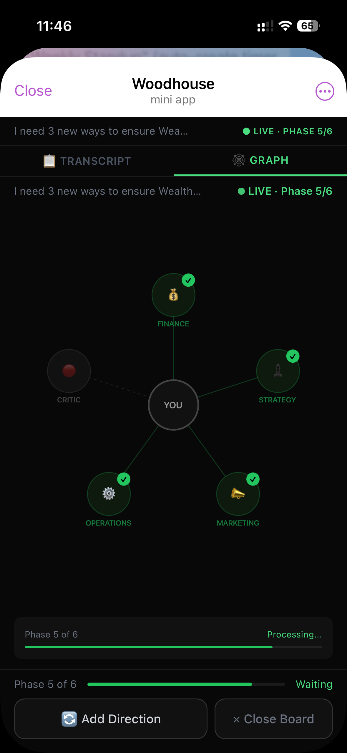 Board Room mini-app showing live agent graph with you at center