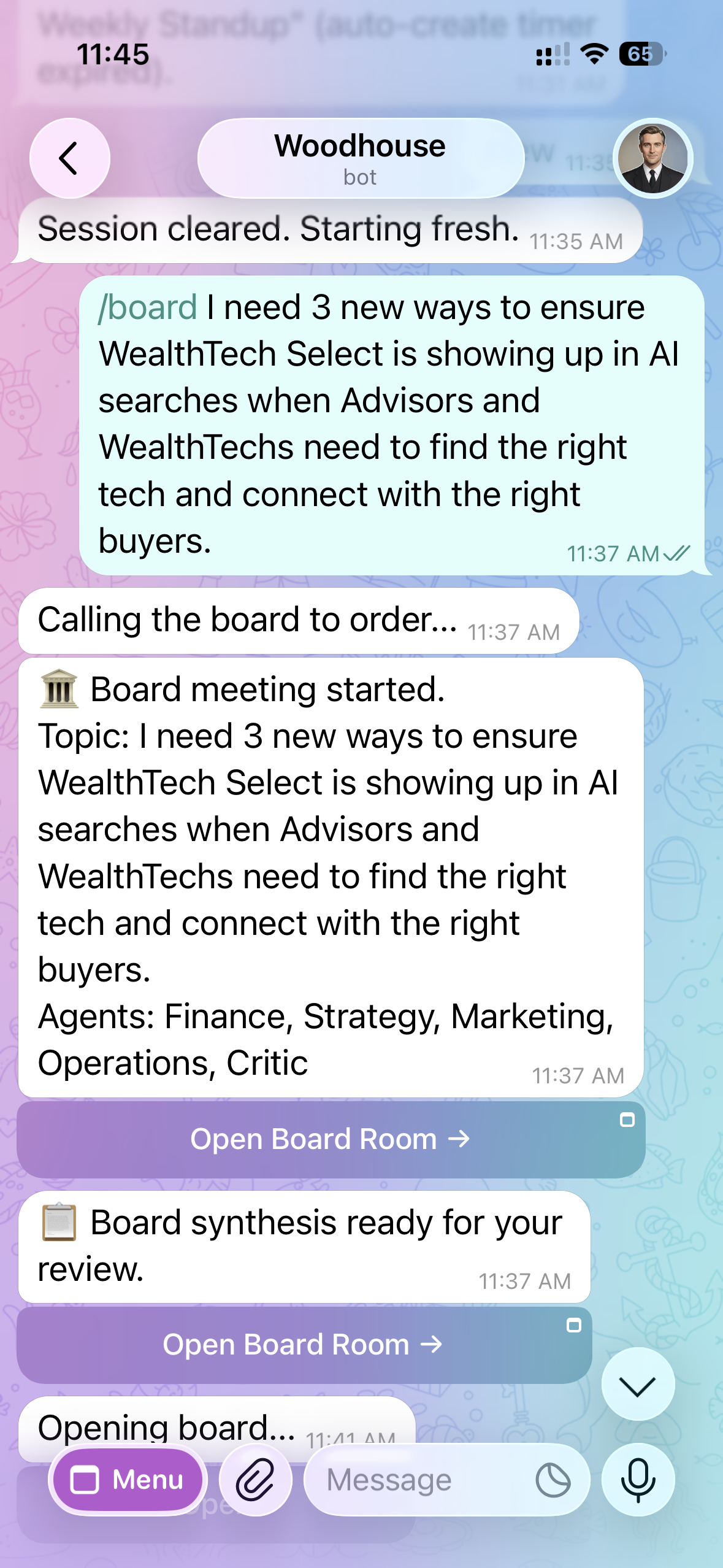 Telegram showing /board command, Board meeting started, and Open Board Room button