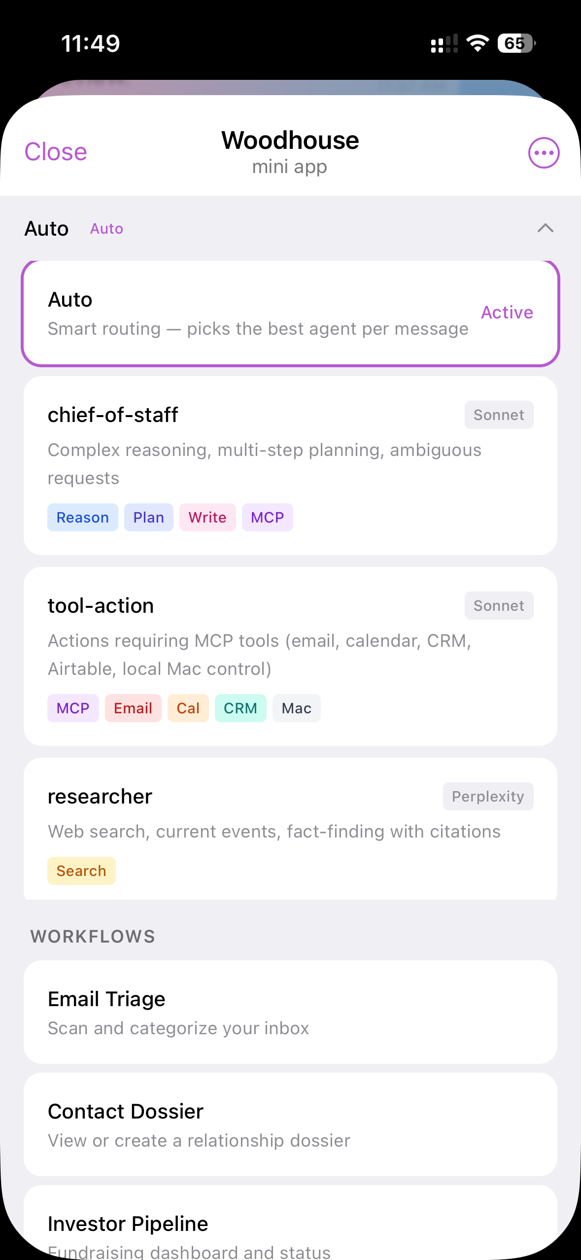 Hub mini-app agent selector view