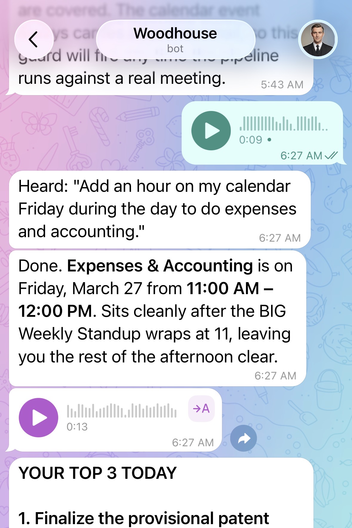 Telegram showing voice note interaction and Your Top 3 Today morning briefing