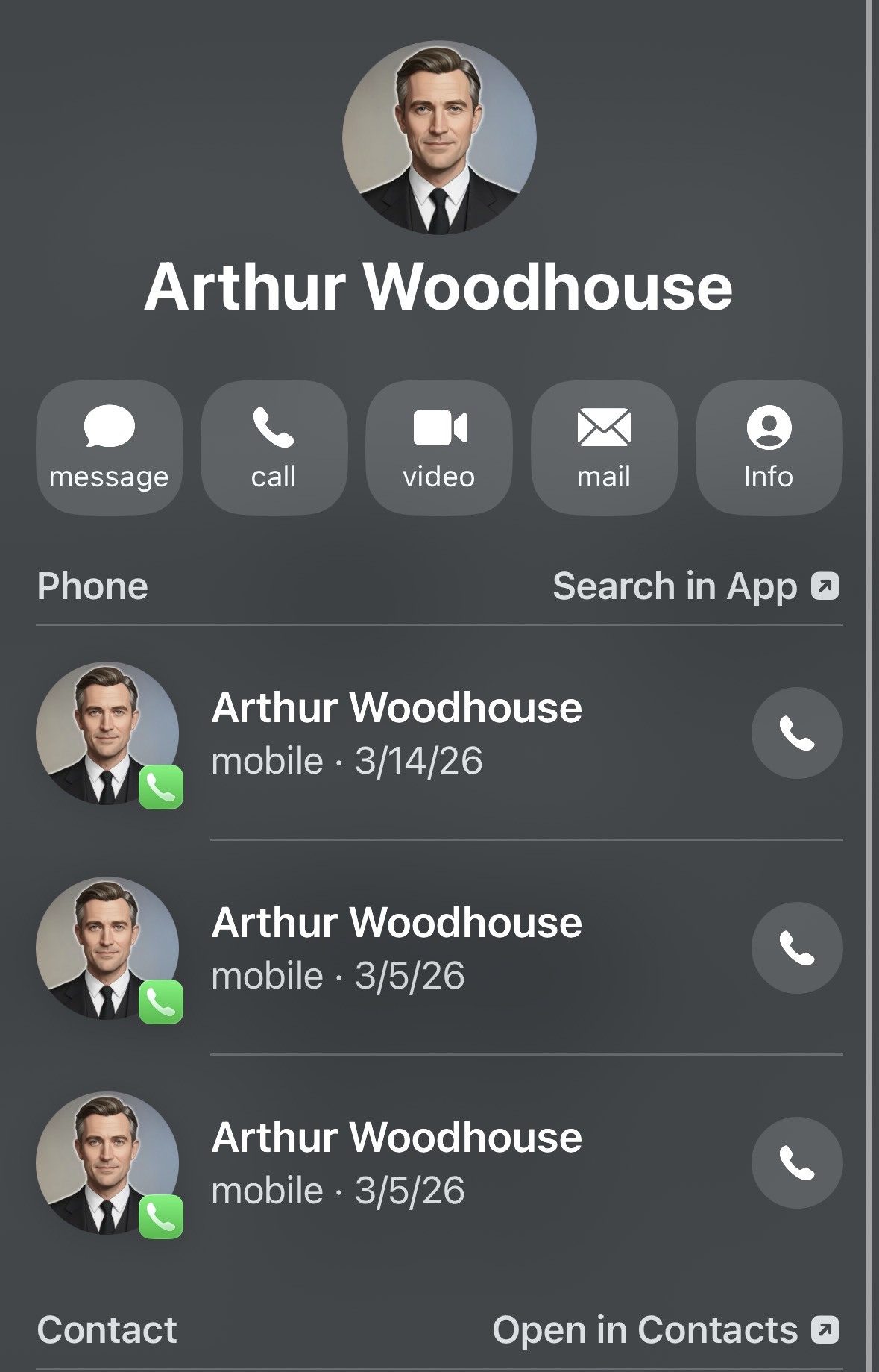 iPhone contact card showing Arthur Woodhouse saved as a contact
