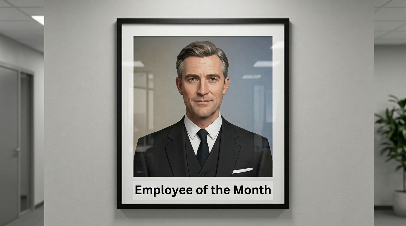 Woodhouse — Employee of the Month, framed on the wall